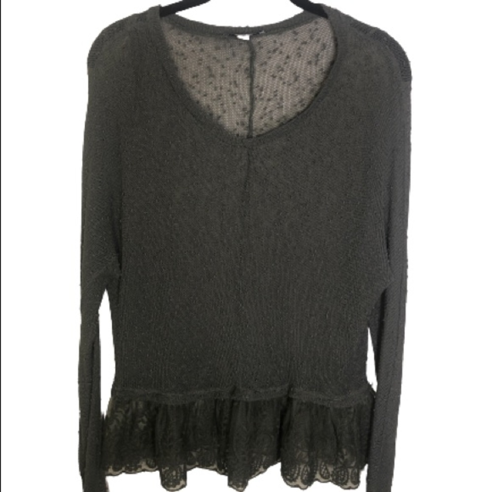 American Eagle Olive Green Sheer Swiss Dot Scalloped Lace Top Medium